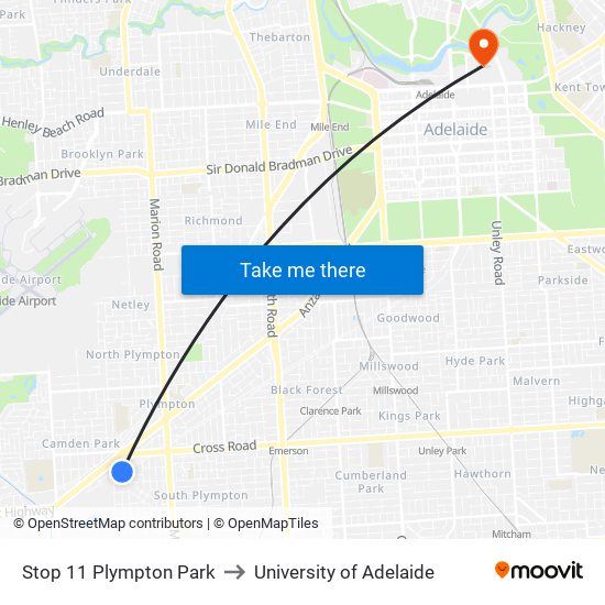 Stop 11 Plympton Park to University of Adelaide map