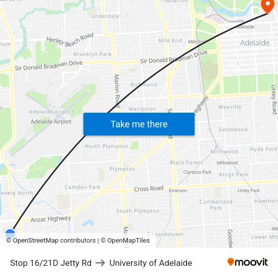 Stop 16/21D Jetty Rd to University of Adelaide map