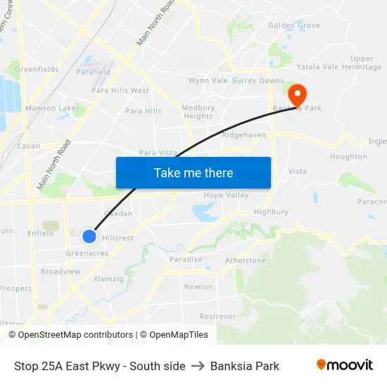 Stop 25A East Pkwy - South side to Banksia Park map