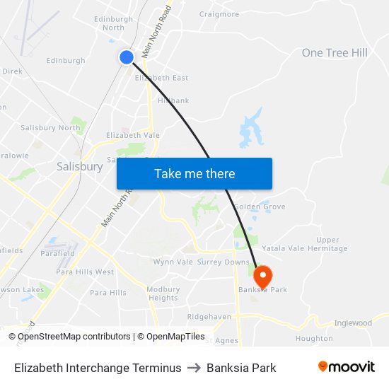 Elizabeth Interchange Terminus to Banksia Park map