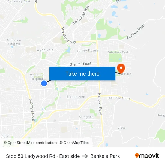 Stop 50 Ladywood Rd - East side to Banksia Park map