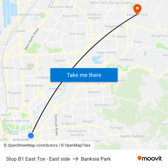Stop B1 East Tce - East side to Banksia Park map