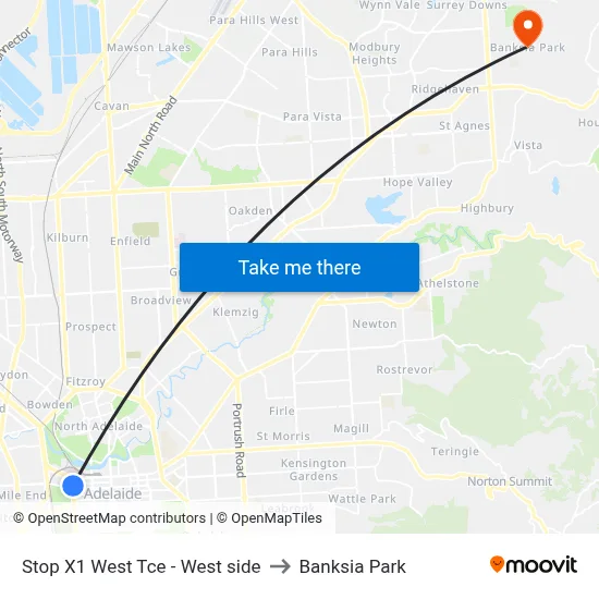 Stop X1 West Tce - West side to Banksia Park map