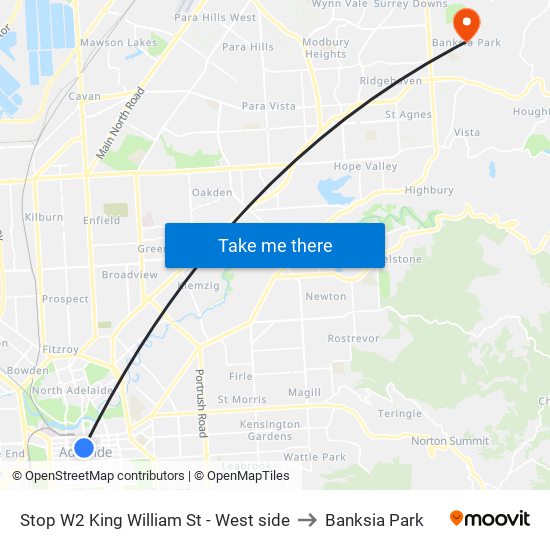 Stop W2 King William St - West side to Banksia Park map