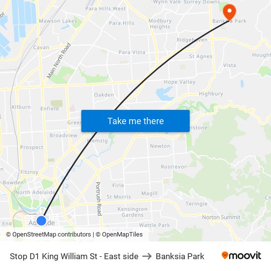 Stop D1 King William St - East side to Banksia Park map