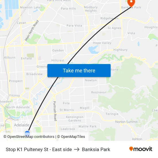 Stop K1 Pulteney St - East side to Banksia Park map