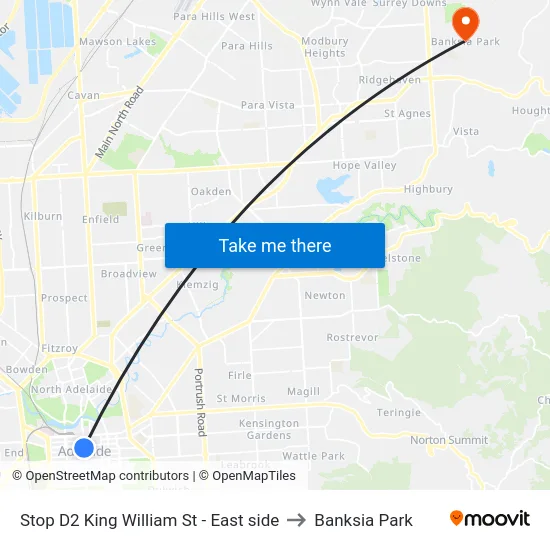 Stop D2 King William St - East side to Banksia Park map