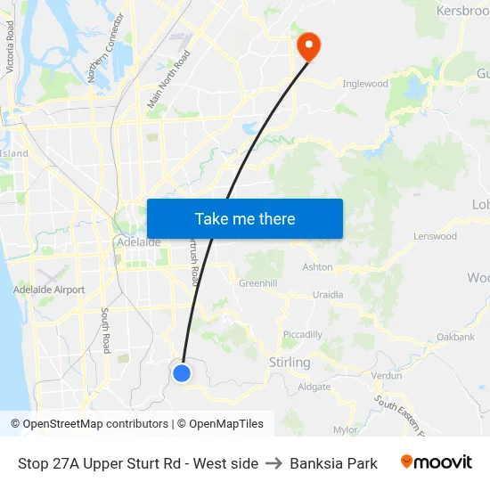 Stop 27A Upper Sturt Rd - West side to Banksia Park map