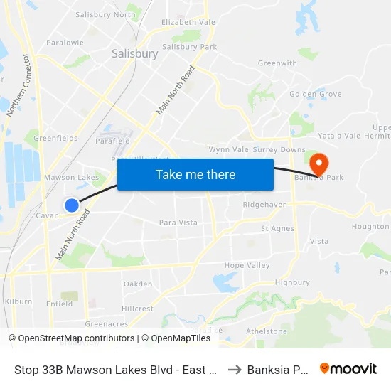 Stop 33B Mawson Lakes Blvd - East side to Banksia Park map