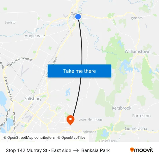 Stop 142 Murray St - East side to Banksia Park map