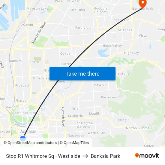 Stop R1 Whitmore Sq - West side to Banksia Park map