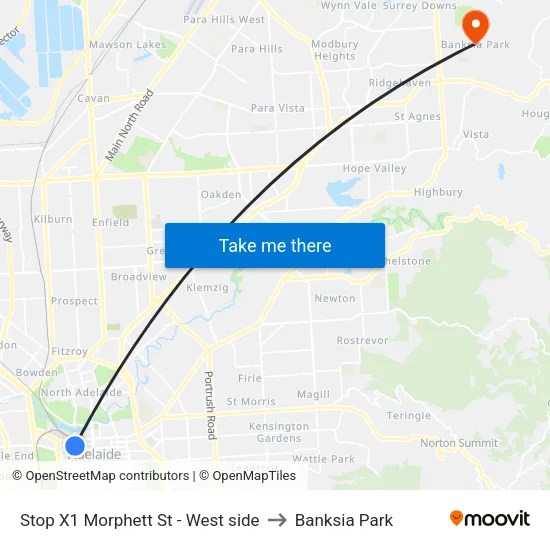 Stop X1 Morphett St - West side to Banksia Park map