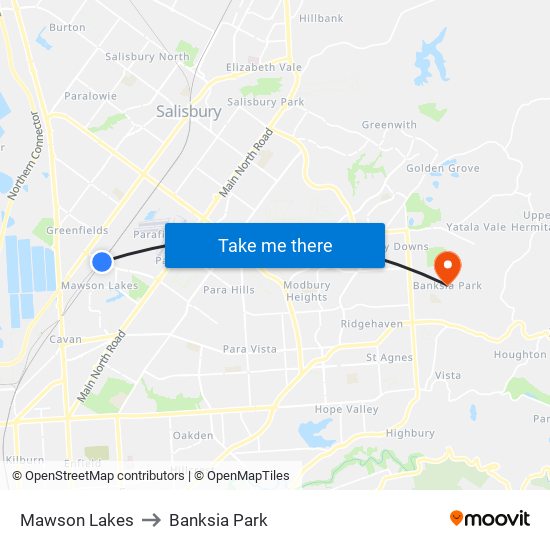 Mawson Lakes to Banksia Park map