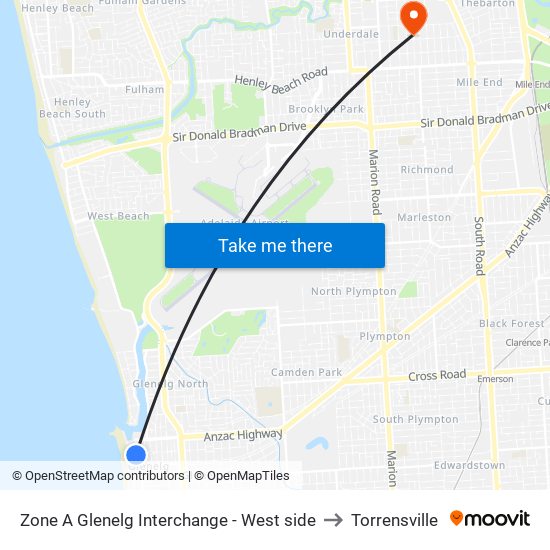 Zone A Glenelg Interchange - West side to Torrensville map