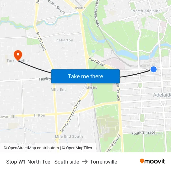 Stop W1 North Tce - South side to Torrensville map