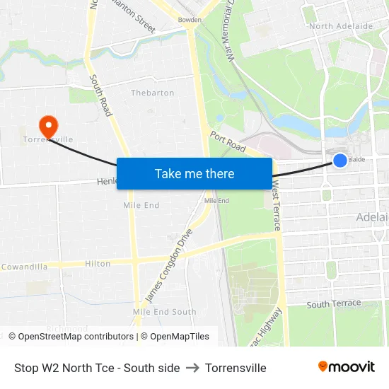 Stop W2 North Tce - South side to Torrensville map