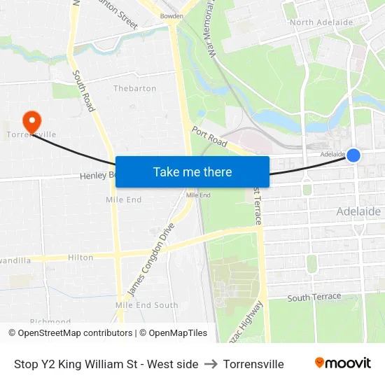 Stop Y2 King William St - West side to Torrensville map