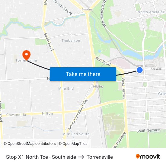 Stop X1 North Tce - South side to Torrensville map