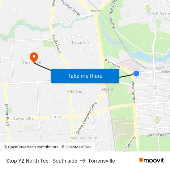 Stop Y2 North Tce - South side to Torrensville map
