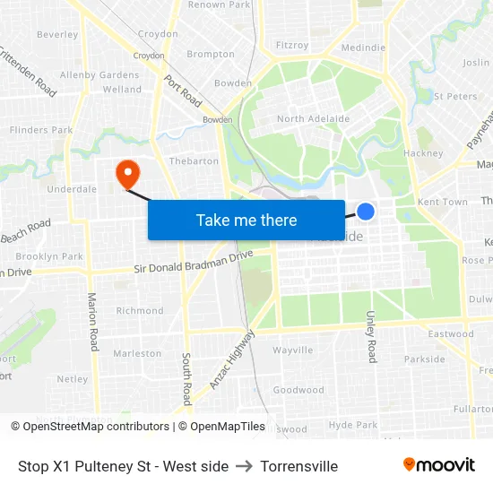 Stop X1 Pulteney St - West side to Torrensville map