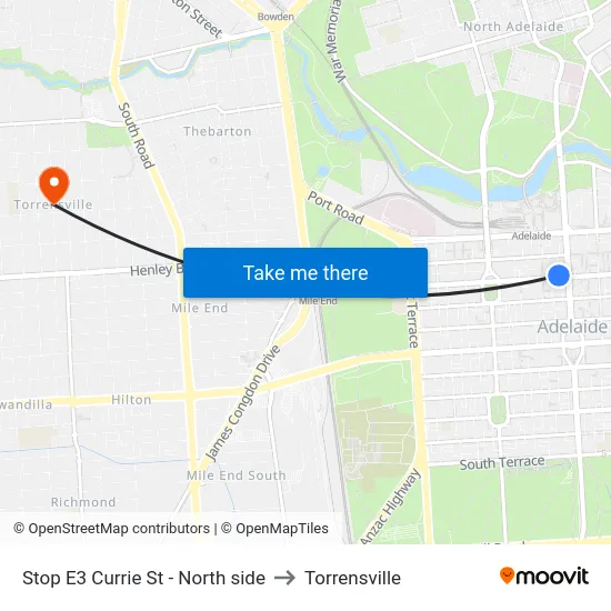 Stop E3 Currie St - North side to Torrensville map