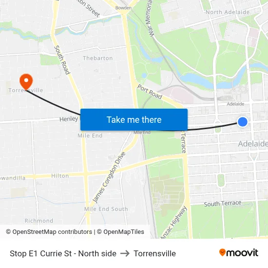 Stop E1 Currie St - North side to Torrensville map