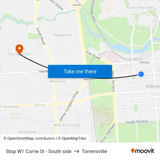 Stop W1 Currie St - South side to Torrensville map