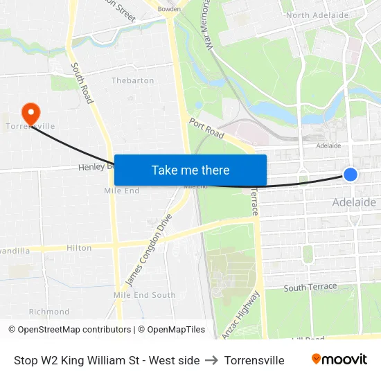 Stop W2 King William St - West side to Torrensville map