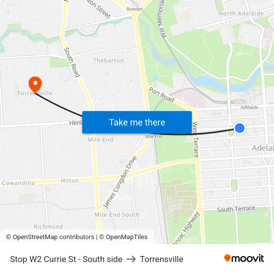 Stop W2 Currie St - South side to Torrensville map