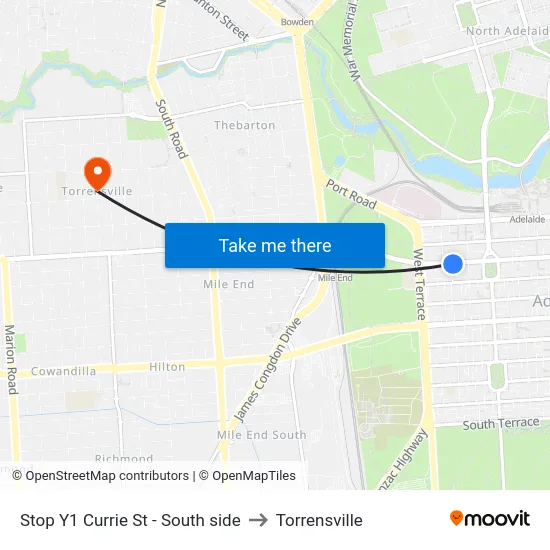 Stop Y1 Currie St - South side to Torrensville map