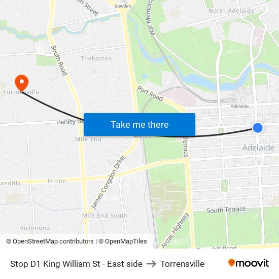 Stop D1 King William St - East side to Torrensville map