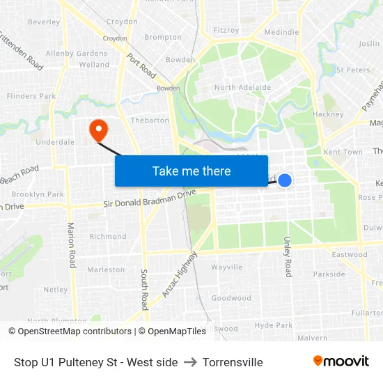 Stop U1 Pulteney St - West side to Torrensville map
