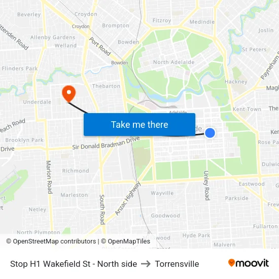 Stop H1 Wakefield St - North side to Torrensville map