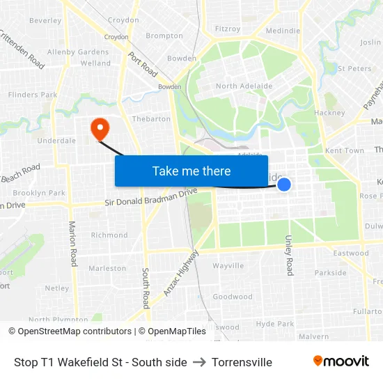 Stop T1 Wakefield St - South side to Torrensville map