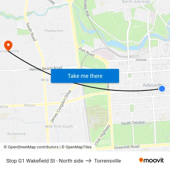 Stop G1 Wakefield St - North side to Torrensville map