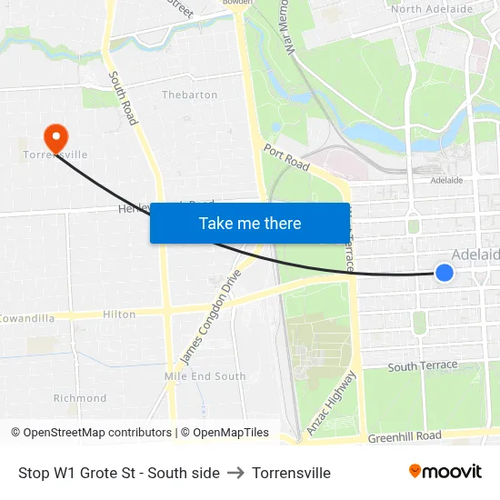 Stop W1 Grote St - South side to Torrensville map