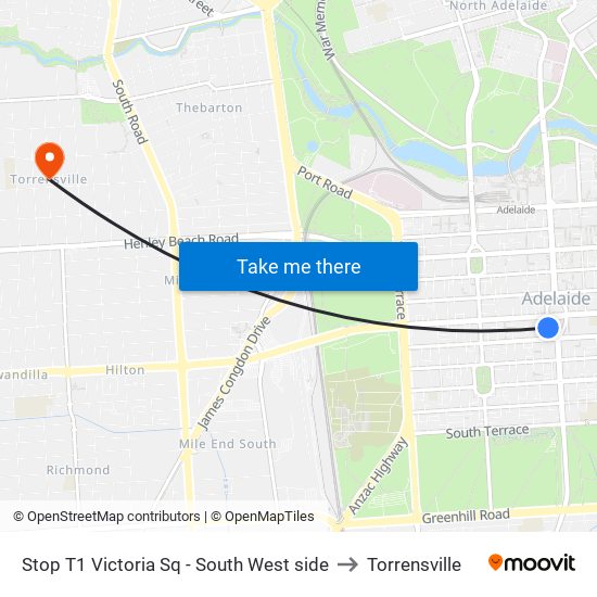 Stop T1 Victoria Sq - South West side to Torrensville map