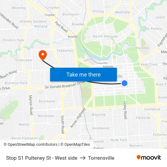Stop S1 Pulteney St - West side to Torrensville map