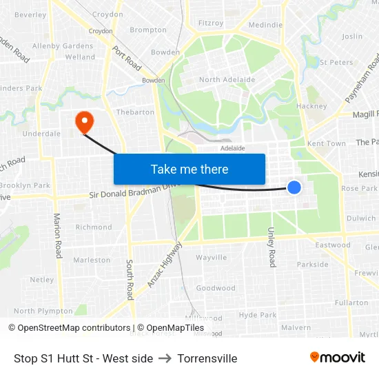 Stop S1 Hutt St - West side to Torrensville map