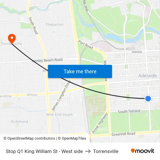 Stop Q1 King William St - West side to Torrensville map