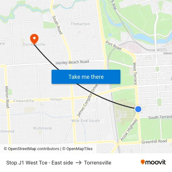 Stop J1 West Tce - East side to Torrensville map