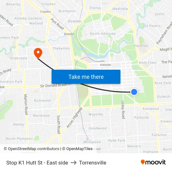 Stop K1 Hutt St - East side to Torrensville map