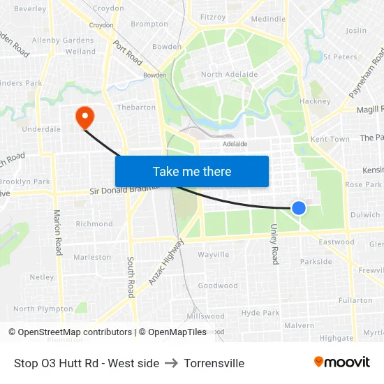 Stop O3 Hutt Rd - West side to Torrensville map
