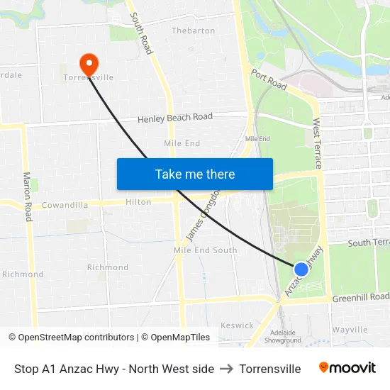 Stop A1 Anzac Hwy - North West side to Torrensville map