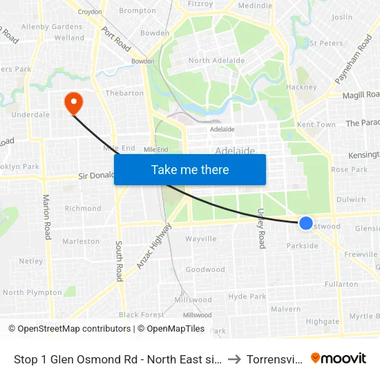 Stop 1 Glen Osmond Rd - North East side to Torrensville map