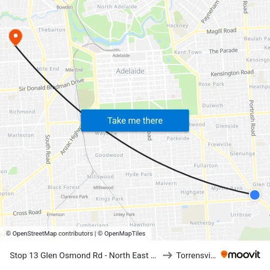 Stop 13 Glen Osmond Rd - North East side to Torrensville map
