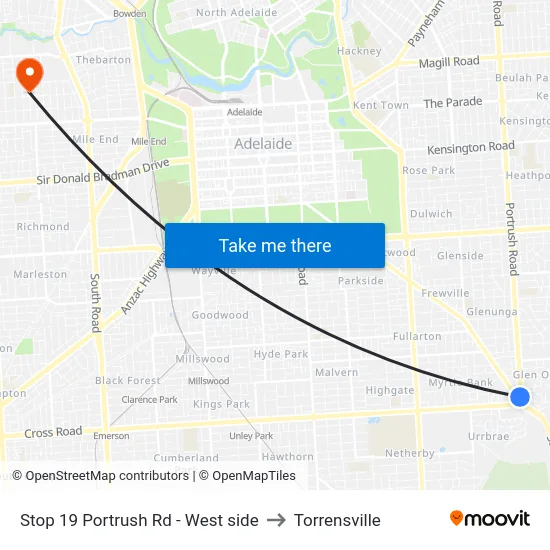 Stop 19 Portrush Rd - West side to Torrensville map