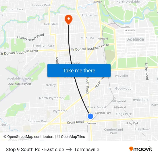 Stop 9 South Rd - East side to Torrensville map