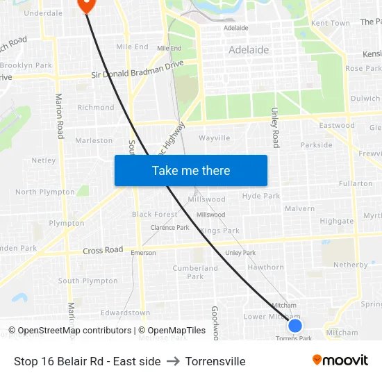 Stop 16 Belair Rd - East side to Torrensville map