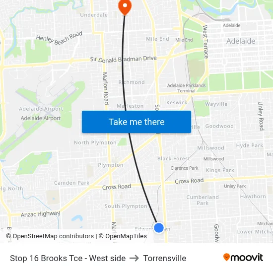 Stop 16 Brooks Tce - West side to Torrensville map